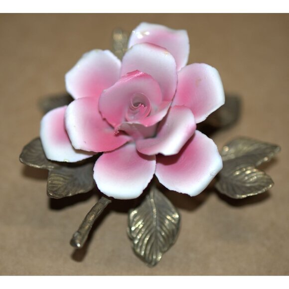 Vintage Capodimonte Porcelain Pink Rose Flower Sculpture Italy - Picture 4 of 11